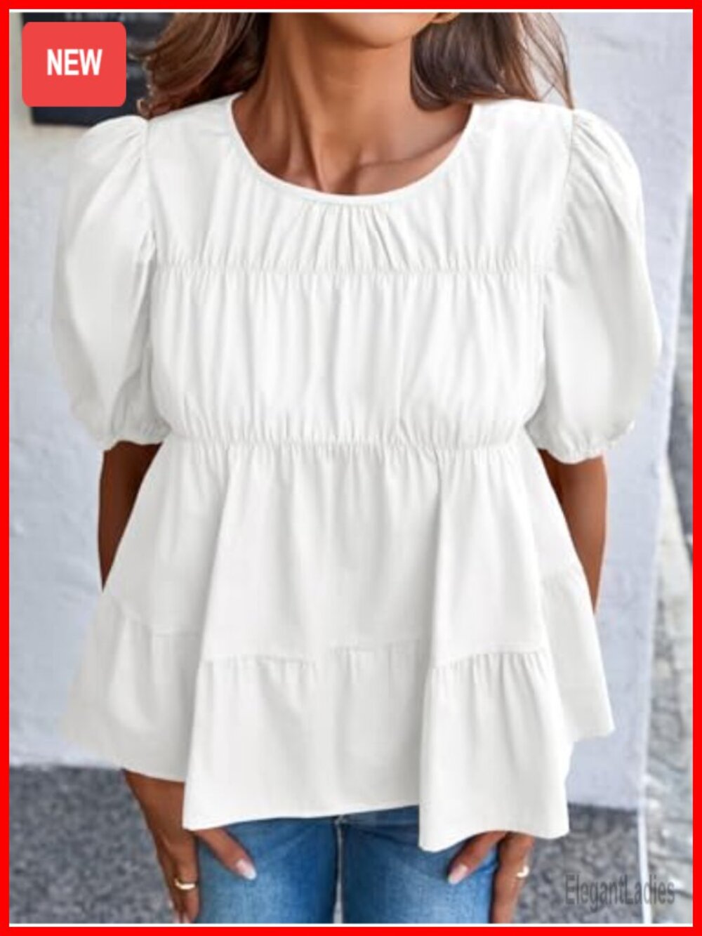 Women's Cotton Puff Sleeve Babydoll Top Summer Flowy Blouse - Picture 3 of 6